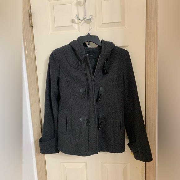 Net Collection Women's Stylish Pea Coat Jacket Hood Pockets Gray Wool Size 8 - Picture 2 of 9